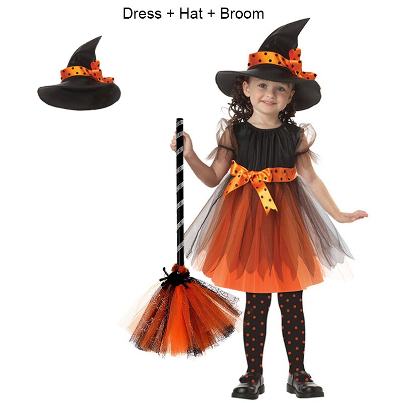 Children Girls Halloween Cosplay Witch Costume Teens Baby Girl Gown Infant Witch Dress Clothing Set Hat Pumpkin Bag