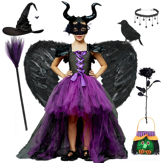 Girls Evil Witch Dresses 2024 Halloween Costume Cosplay Dress Childrens Fancy Christening Black Gown New Tutu Queen Witch Outfit