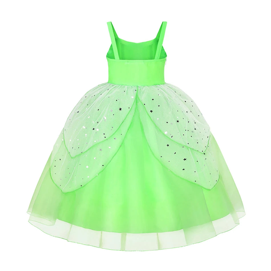 Girl Disney Tinker Bell Green Princess Cosplay Dress Kids Halloween Party Elegant GownTinkerbell Floor Length Frocks With Wings