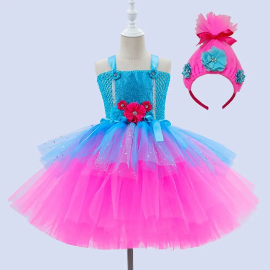 Trolls Tutu Dress for Girls Princess Poppy Birthday Costumes for Kids Magic Elves Halloween Dresses Girl Fairy Flower Outfits