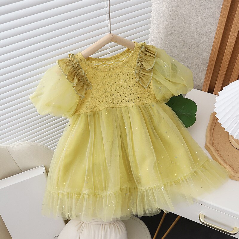 Baby Girls Snow White Princess Dress Summer Puff Sleeve Mesh Dress