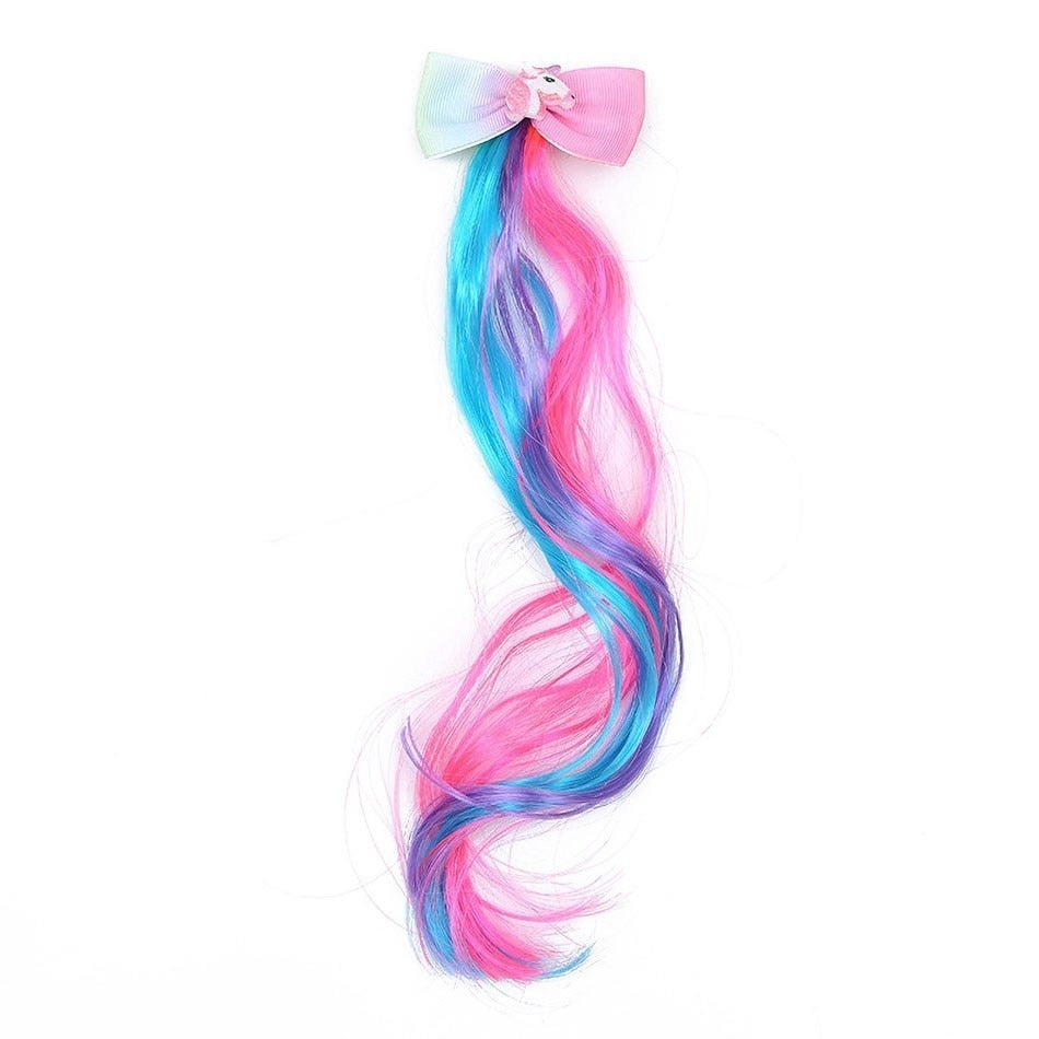 Kids Rainbow Hair Clips Unicorn Hair Extensions for Girls Children Ponytail Holder Baby Princess Barrettes Hair Bow Accessories 