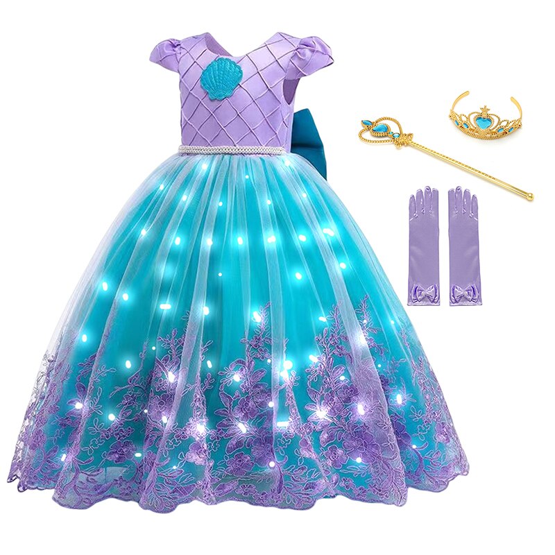 Disney Girls Little Mermaid Ariel Princess Dresses Led Light up Kids Costume Carnival Party Children Halloween Dress Up Clothes