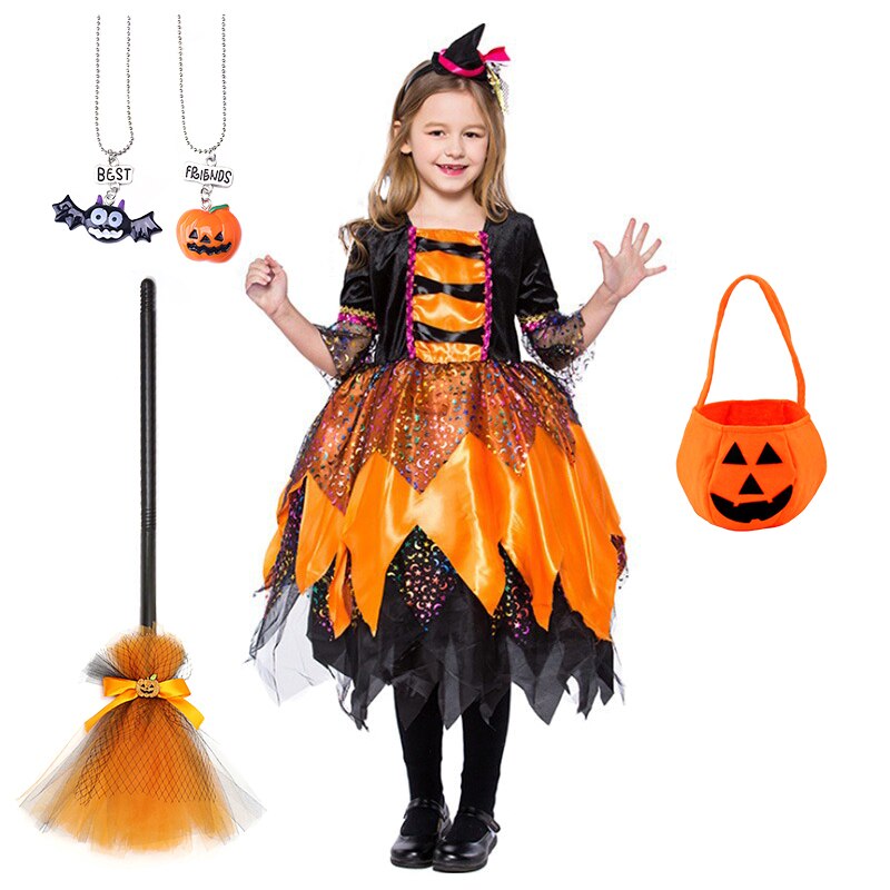 Halloween Masquerade Party Girls Purple Orange Green Witch Costume Hat Broom Props Child Carnival Stage Drama Performance Dress