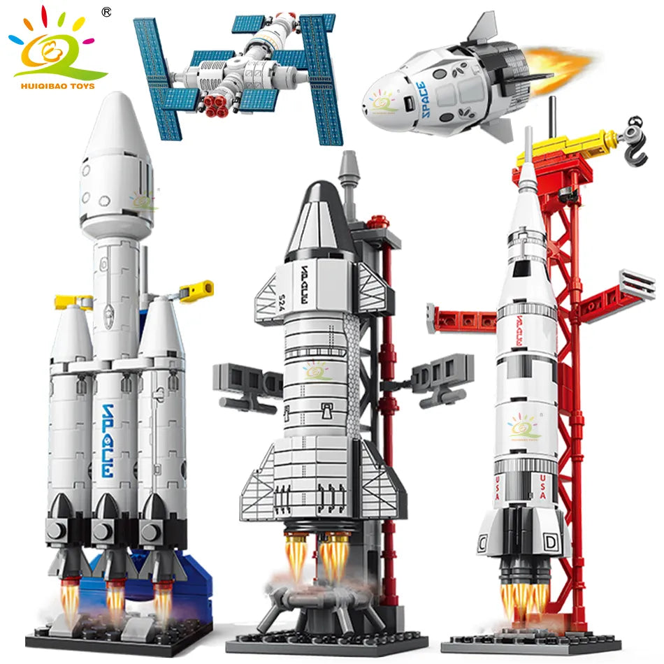 HUIQIBAO Mini Aviation Manned Rocket Model Building Blocks Space Aerospace Station Bricks City Construction Toys for Children