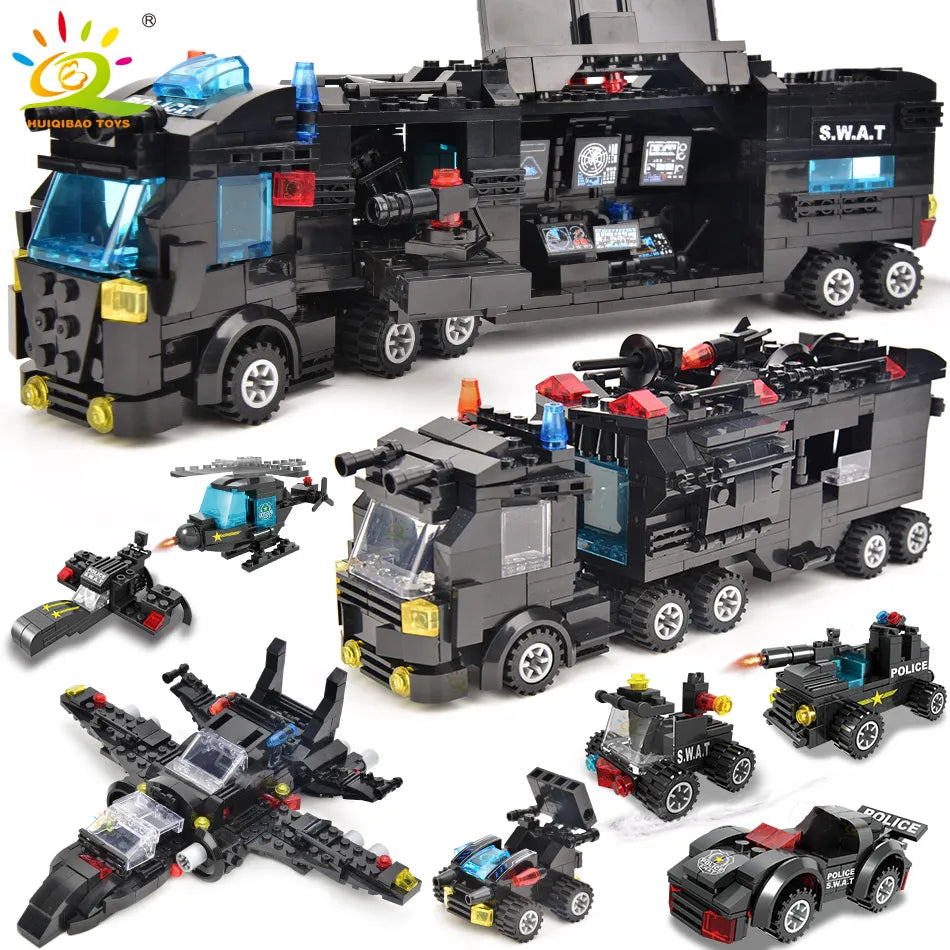 HUIQIBAO SWAT Police Station Truck Model Building Blocks City Machine Helicopter Car Figures Bricks Educational Toy For Children