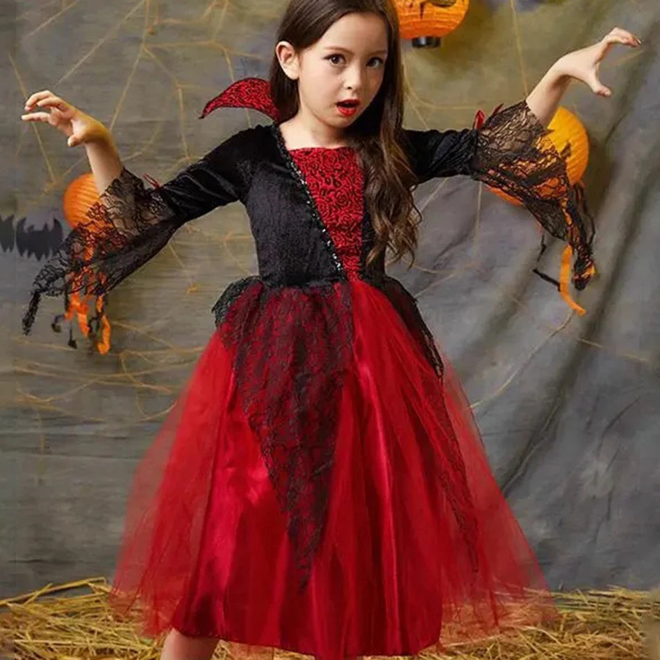 Vampire Dress for Girls Kids Halloween Cosplay Vampire Costume Party Dress Childrens Tutu Witch Fancy Dress Magic Witch Costume