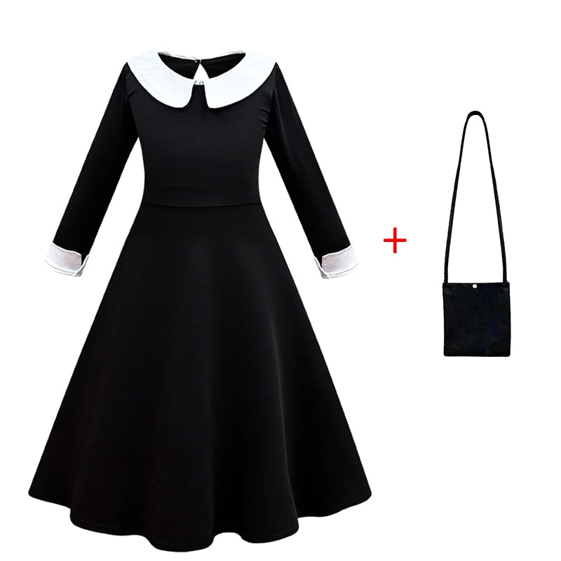 Character Wednesday Addams Girls Dresses Kids Cosplay Black Mesh Gothic Costumes Children Halloween Carnival Party Clothes 3-14T