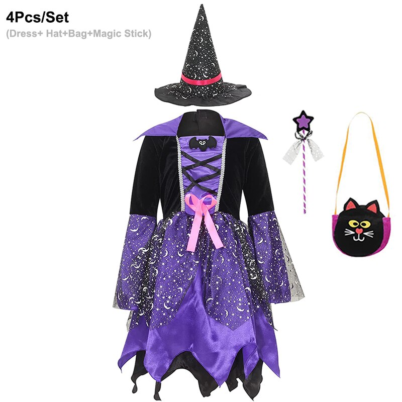 Halloween Masquerade Party Girls Purple Orange Green Witch Costume Hat Broom Props Child Carnival Stage Drama Performance Dress