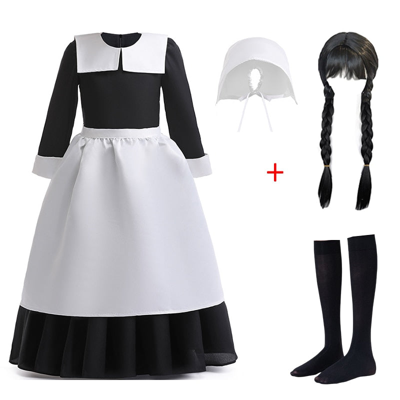 Character Wednesday Addams Girls Dresses Kids Cosplay Black Mesh Gothic Costumes Children Halloween Carnival Party Clothes 3-14T