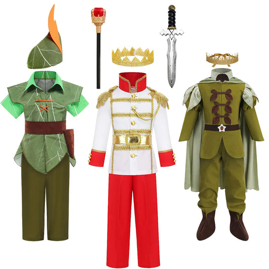 New Halloween Boys Peter Pan Cosplay Costume Child Frog Prince Naveen Clothing Set Birthday Party Kids Prince Charming Costumes