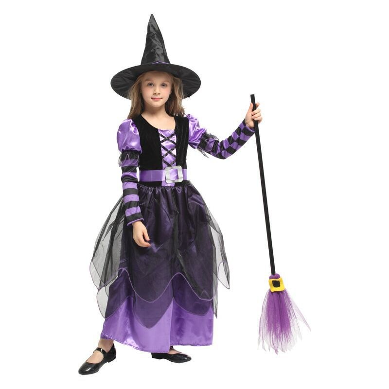 Girls Halloween Cosplay Witch Dress+Hat+belt Clothing Set