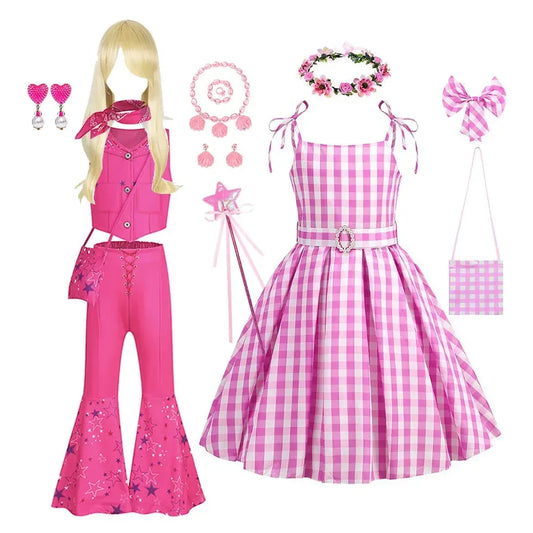 Children Barbie Cosplay Costume Girl Dress Sleeveless Princess Party Dresses Toddler Sweet Plaid Outfit for 3-12 Years Kids Girl