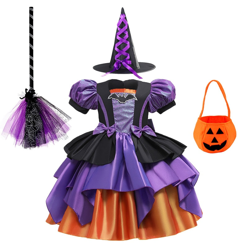 Halloween Disguised Baby Girl Pumpkin Print Witch Tiered Cocktail Dresses with Train Child Coplay Vampire Masquerade Tail Dress