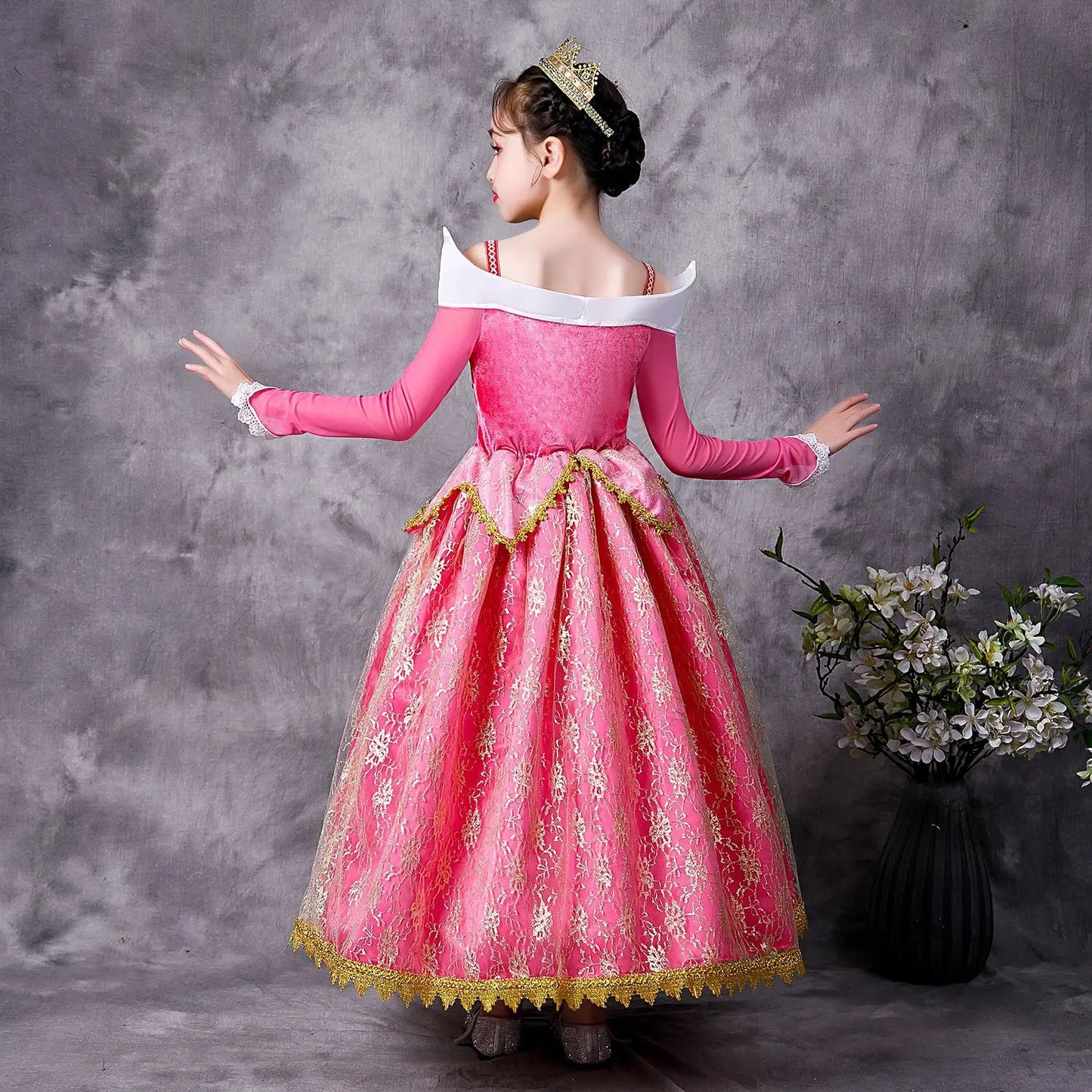 Aurora Cosplay Costume Sleeping Beauty Girl Princess Dress Child Birthday Theme Party Long Sleeve Off Shoulder Elegant Ball Gown