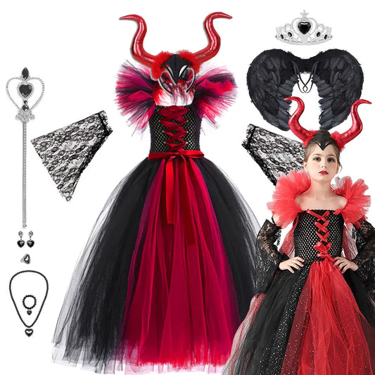 Disney Halloween Red Black Maleficent Costume Tutu Dress For Girls With Headband Carnival Party Villain Evil Queen Clothes 2-12T