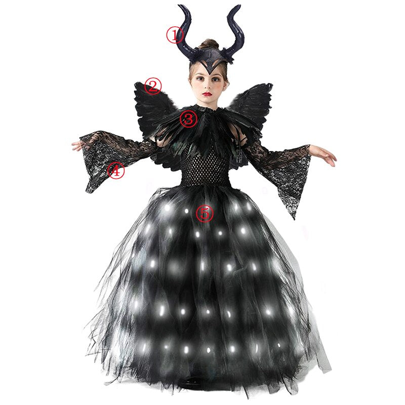 Disney Halloween Costume for Kids LED Light up Maleficent Tutu Dress For Girls Cosplay Evil Queen Black Mesh Princess Dress