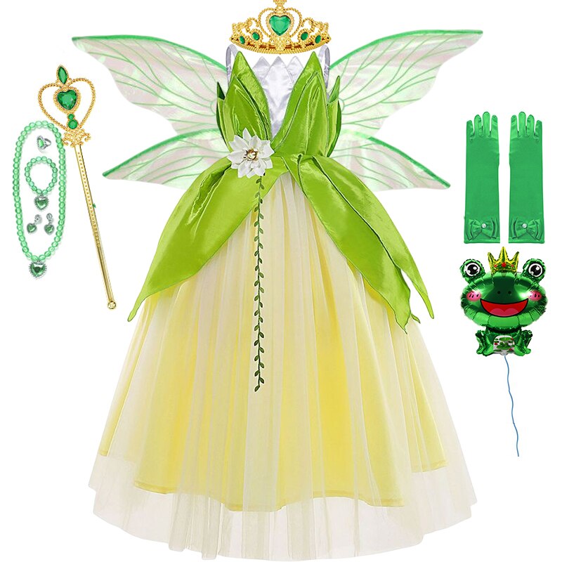 Disney Tiana Princess Dresses Girl Cosplay The Princess And The Frog Flower Off Shoulder Clothes for Kids Birthday Party Costume