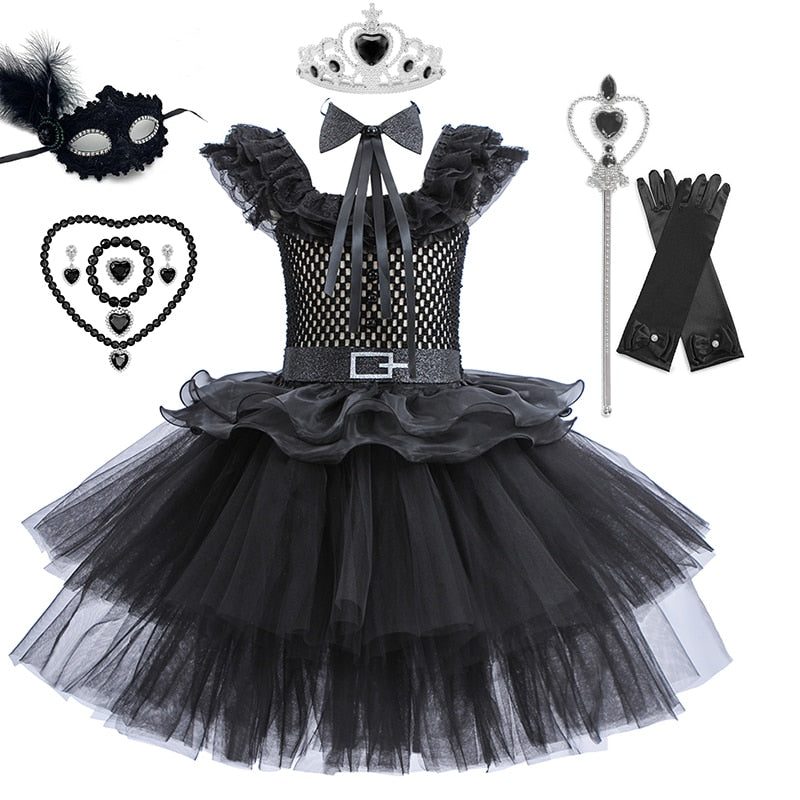 Wednesday Cosplay Princess Dress For Girls Costume 2023 Halloween Tie Tulle TuTu Dresses Black Gothic Kids Evening Party Clothes