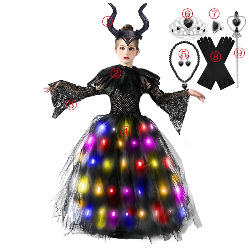 Disney Halloween Costume for Kids LED Light up Maleficent Tutu Dress For Girls Cosplay Evil Queen Black Mesh Princess Dress