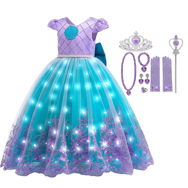 Disney Girls Little Mermaid Ariel Princess Dresses Led Light up Kids Costume Carnival Party Children Halloween Dress Up Clothes