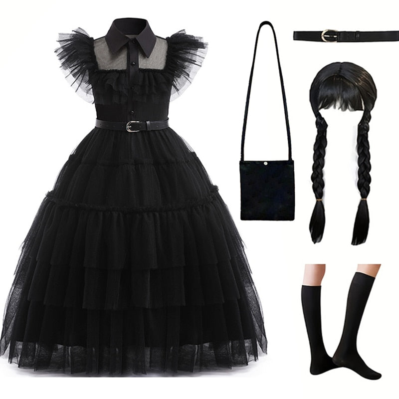 Wednesday Cosplay Princess Dress For Girls Costume 2023 Halloween Tie Tulle TuTu Dresses Black Gothic Kids Evening Party Clothes