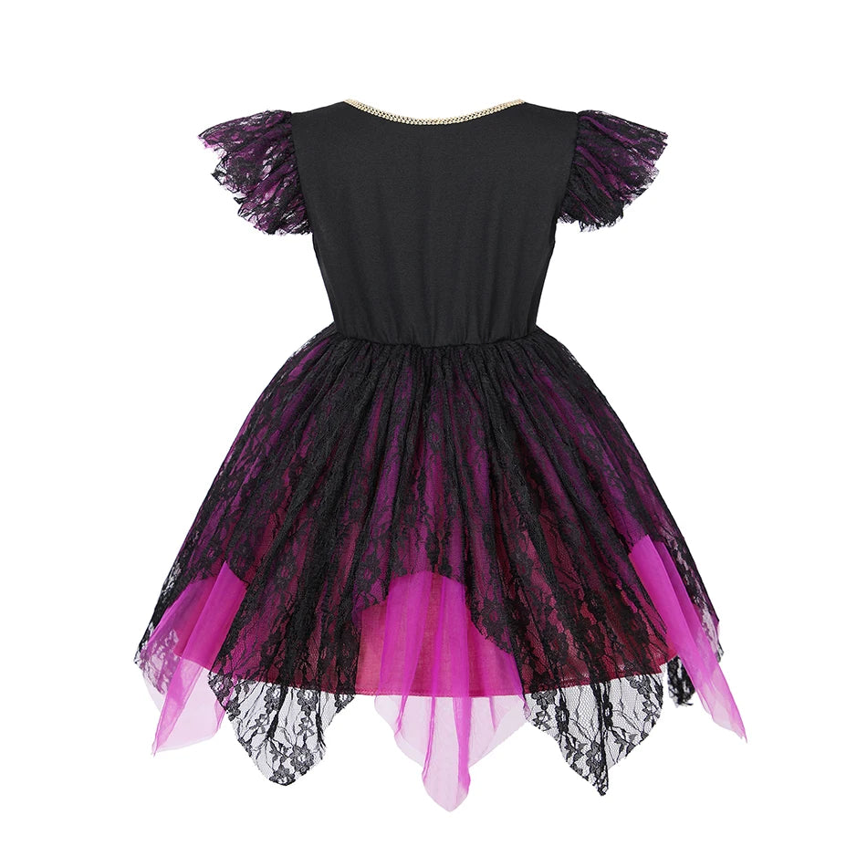 2-10Y Girls Halloween Witch Vampire Tutu Dress Kids Tutu Trailing Costume Dress Kids Carnival Cosplay Party Outfit Mesh Clothing