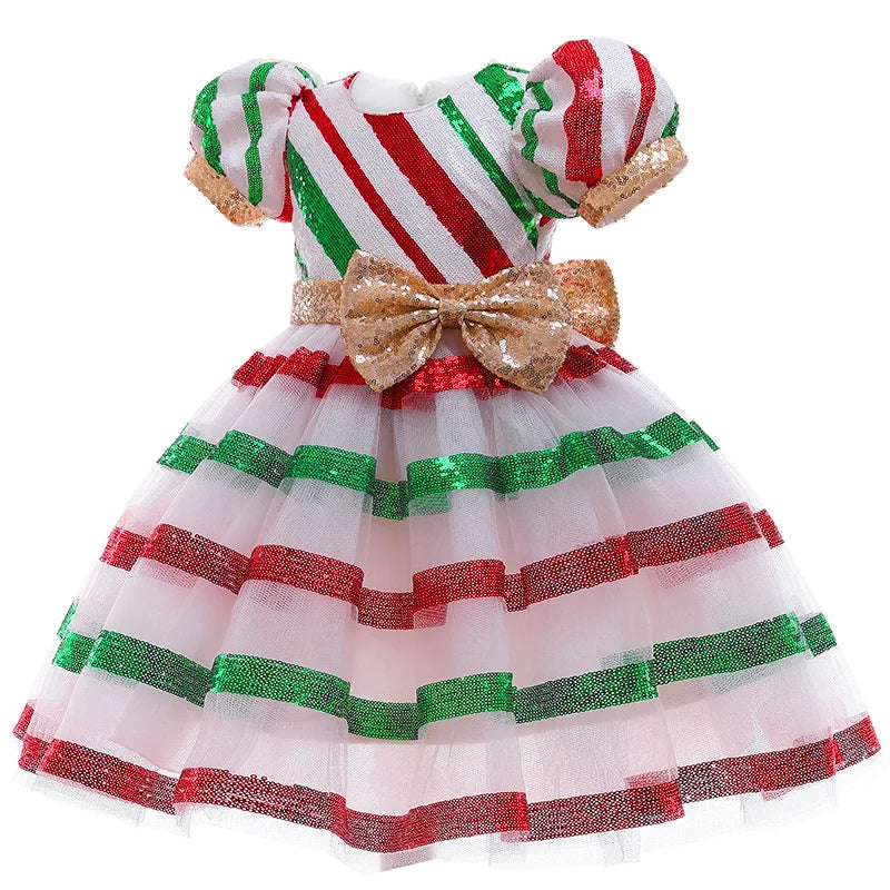 2023 Christmas Dress for Girls Rainbow Striped Sequin Children Gala Clothes Cheap Kids Xmas Baby Princess Party Girl Dresses