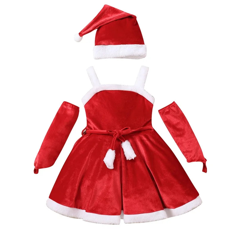 Toddler Newborn Baby's Clothes Girls Christmas Santa Costume Sleeveless Belted Dress Gloves Hat Set Children's Clothing Winter