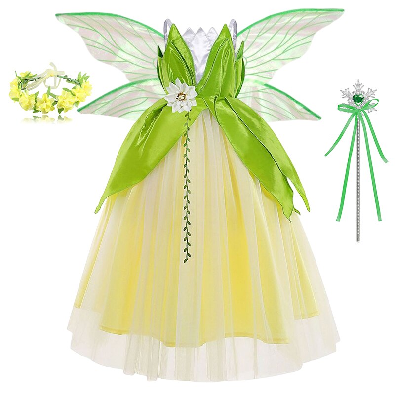 Disney Tiana Princess Dresses Girl Cosplay The Princess And The Frog Flower Off Shoulder Clothes for Kids Birthday Party Costume