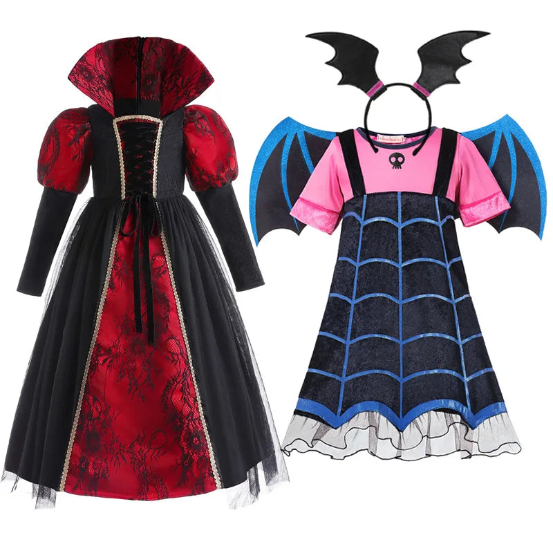 Vampire Costume Deluxe Carnival Party Black Trailing Mesh Dress Kids Cosplay Halloween Demon For Girls Boys Clothes Suit