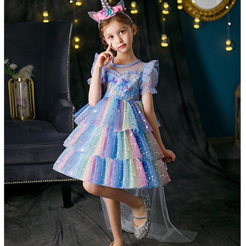 Halloween Fancy Girls Rainbow Shiny Tulle Unicorn Dress + Long Cloak