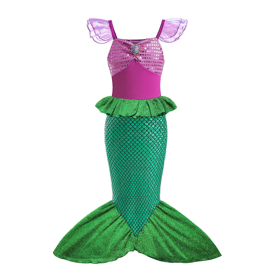 2024 Disney Mermaid Ariel Princess Cotume For Girl Mermaid Birthday Party Dress Kid Flying Sleeve Princess Cosplay Mermaid Dress