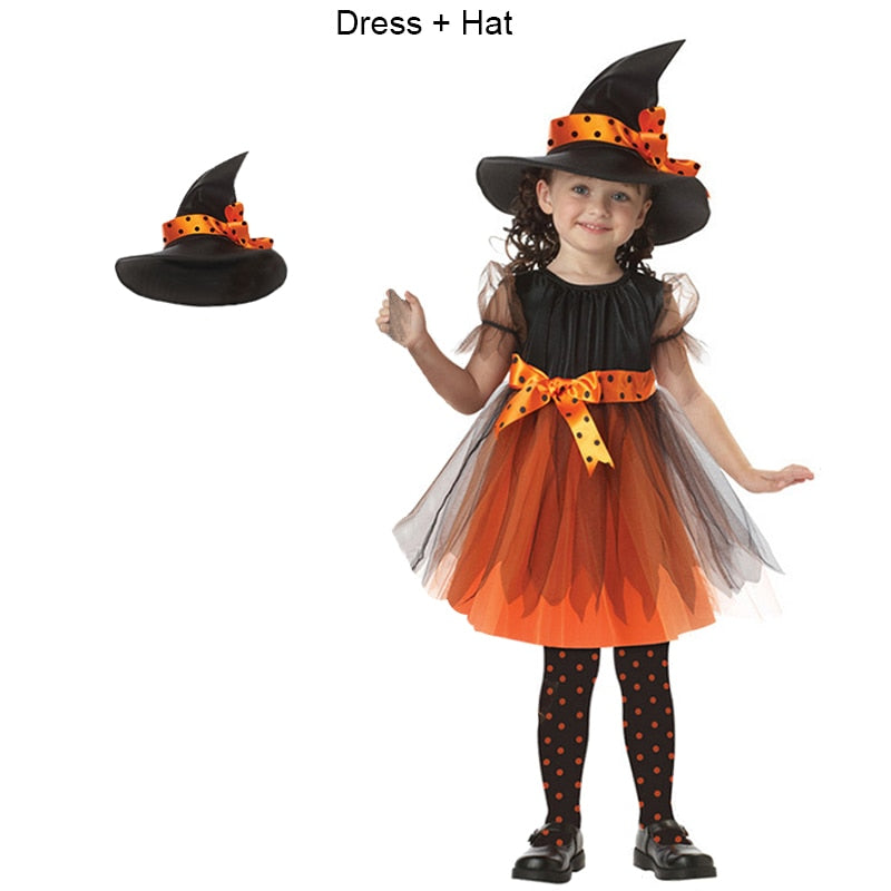 Children Girls Halloween Cosplay Witch Costume Teens Baby Girl Gown Infant Witch Dress Clothing Set Hat Pumpkin Bag