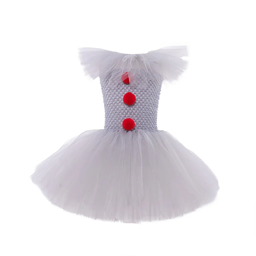 Halloween Gray Joker Cosplay Dress Girls Costume Tutu Dress Creepy Clown Children Tulle Fancy Dress Kids Carnival Party Clothing