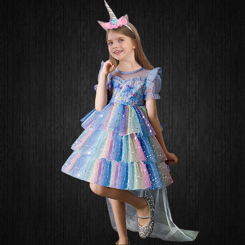 Halloween Fancy Girls Rainbow Shiny Tulle Unicorn Dress + Long Cloak