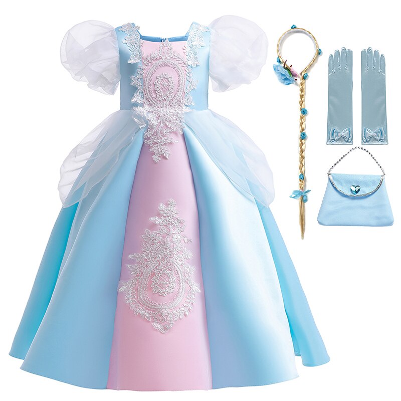 Disney New Fancy Cinderella Puff Sleeve Lace Ball Gown Princess Dress for Girls