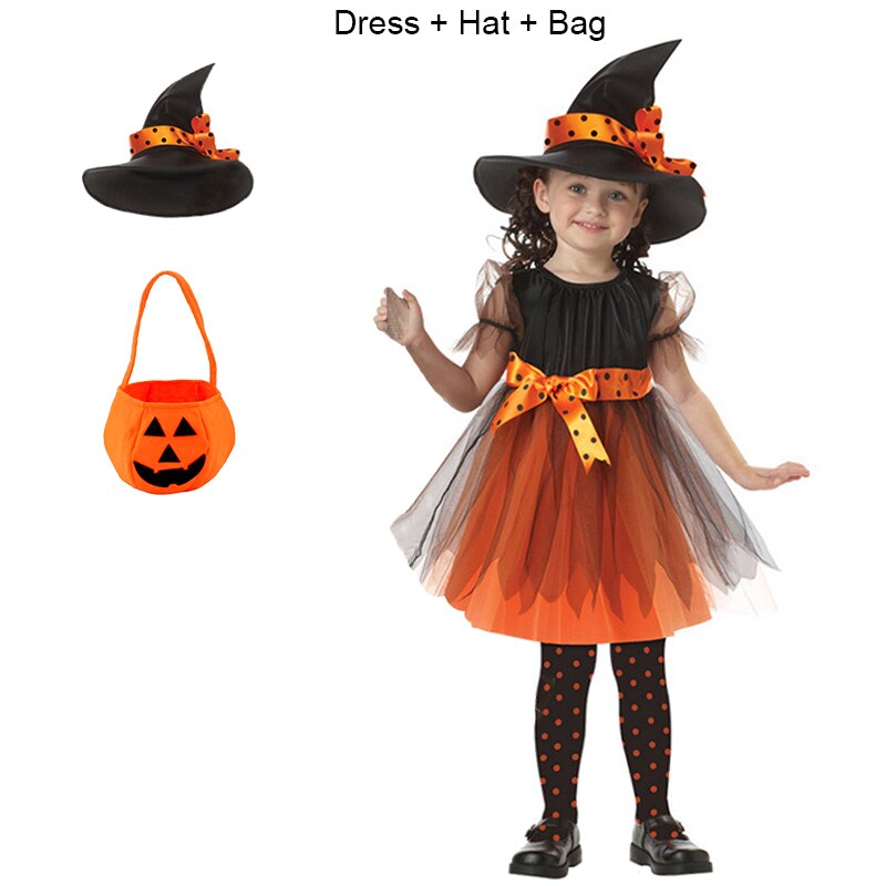 Children Girls Halloween Cosplay Witch Costume Teens Baby Girl Gown Infant Witch Dress Clothing Set Hat Pumpkin Bag