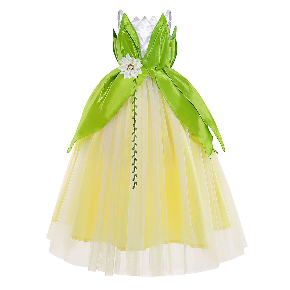 Disney Tiana Princess Dresses Girl Cosplay The Princess And The Frog Flower Off Shoulder Clothes for Kids Birthday Party Costume