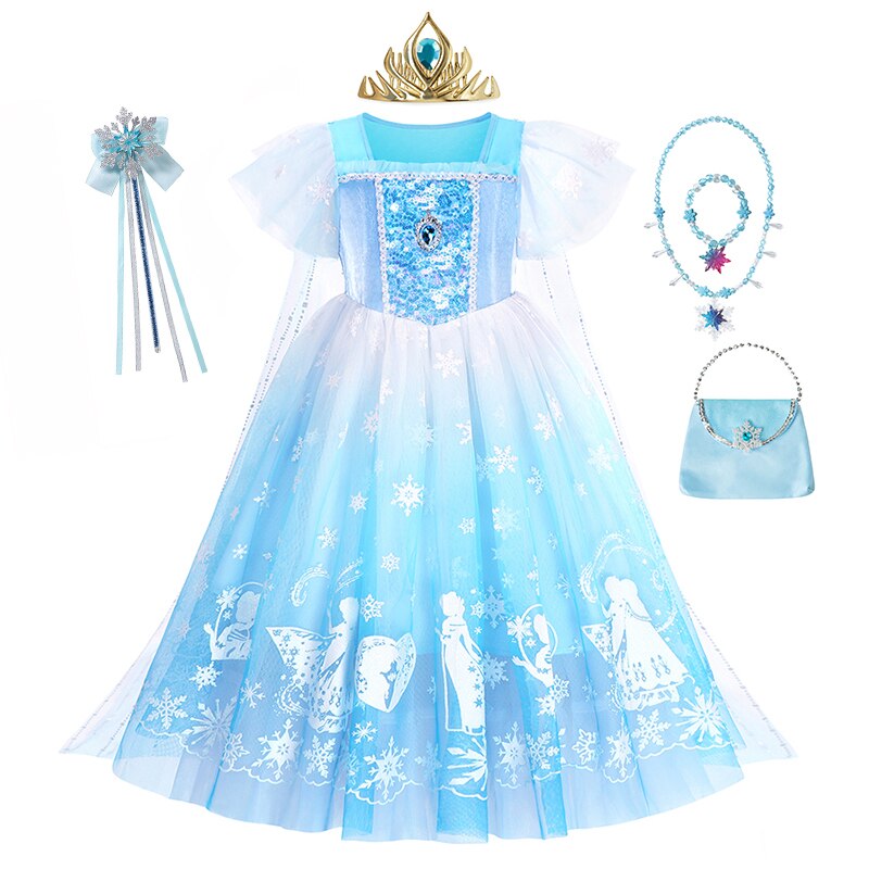 Disney Girls Sequins Mesh Fancy Clothing Frozen Princess Elsa Dress with Cloak Kids Party Snow Queen Cosplay Costume for 2-10Y