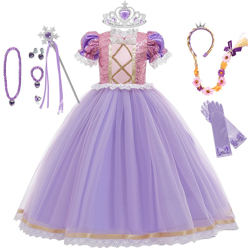 Disney Girls Cosplay Tangled Rapunzel Princess Dresses Kids Costume Fancy Purple Luxury Mesh Clothes Birthday Party Ball Gown