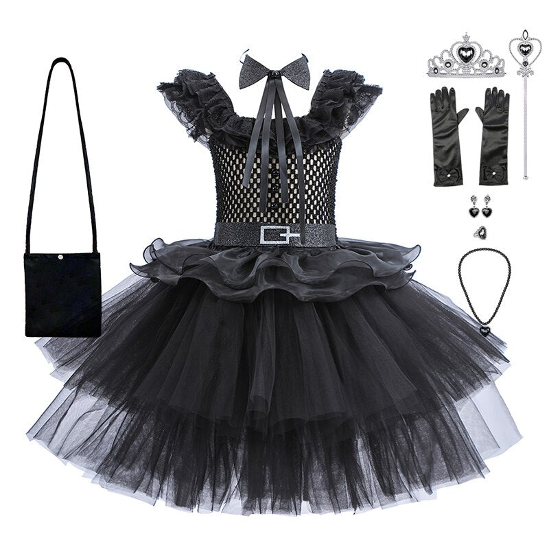 Wednesday Cosplay Princess Dress For Girls Costume 2023 Halloween Tie Tulle TuTu Dresses Black Gothic Kids Evening Party Clothes