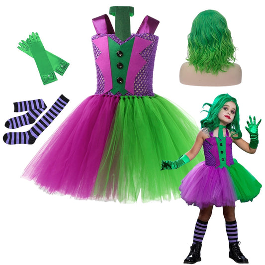 Halloween Costume For Kids Green Girls Tutu Dress Kids Cosplay Scary Clown Costume Girl Carnival Masquerade Party Dress Up 2-12Y