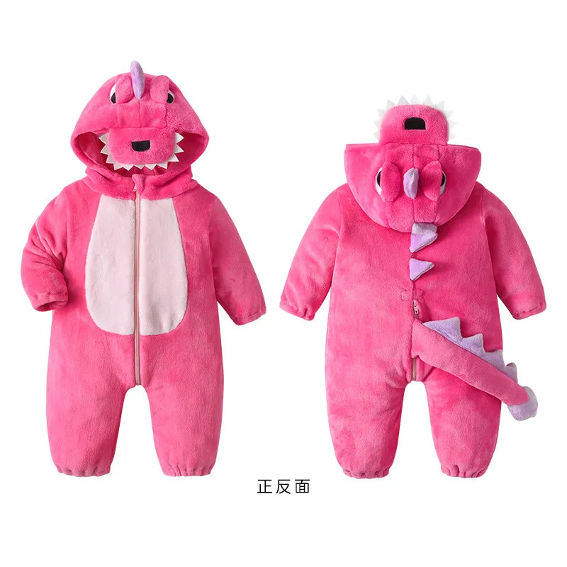 Kigurumis Lovely Dinosaur Baby Girls Clothes Romper Soft Warm Winter Infant Onesie Bodysuit Cosplay Costume Hooded Zipper