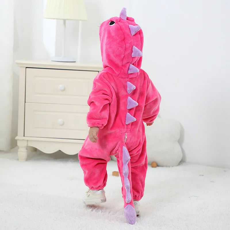 Kigurumis Lovely Dinosaur Baby Girls Clothes Romper Soft Warm Winter Infant Onesie Bodysuit Cosplay Costume Hooded Zipper