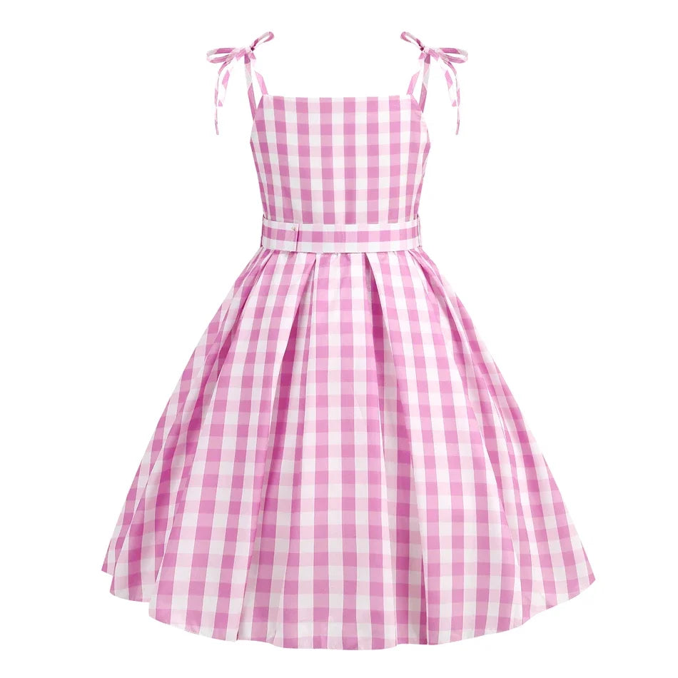 Barbi Girl Dress Princess Cosplay Costume Pink Plaid Beach Outfit Birthday Halloween Party Kids Dress