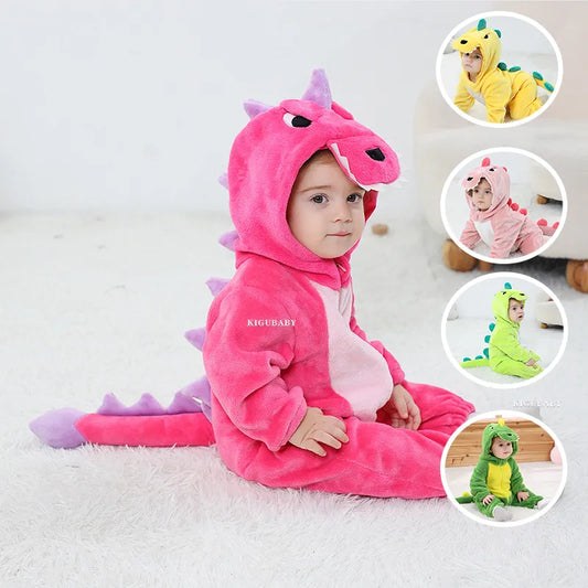 Kigurumis Lovely Dinosaur Baby Girls Clothes Romper Soft Warm Winter Infant Onesie Bodysuit Cosplay Costume Hooded Zipper