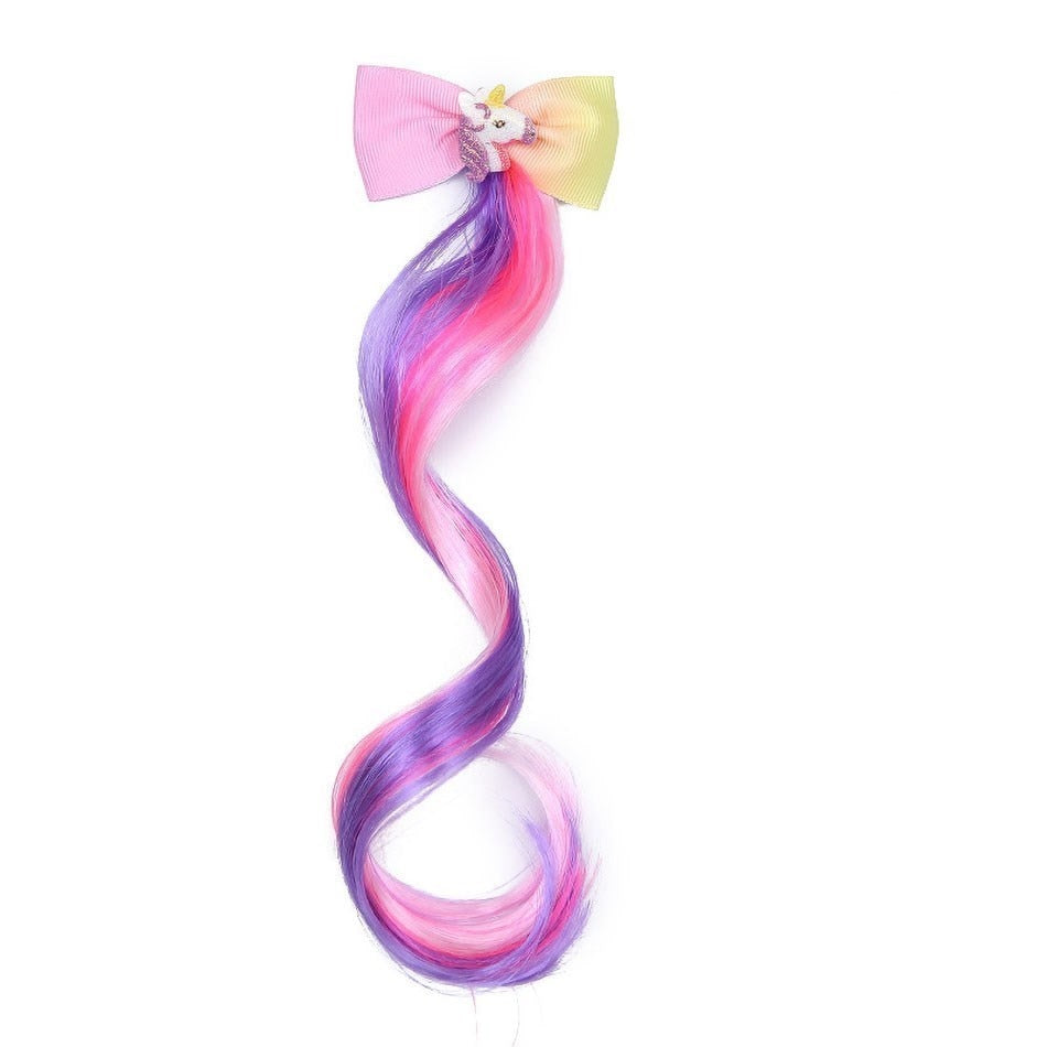 Kids Rainbow Hair Clips Unicorn Hair Extensions for Girls Children Ponytail Holder Baby Princess Barrettes Hair Bow Accessories 