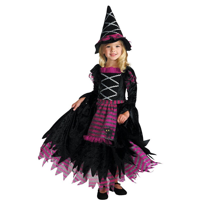 Halloween Masquerade Party Girls Purple Orange Green Witch Costume Hat Broom Props Child Carnival Stage Drama Performance Dress