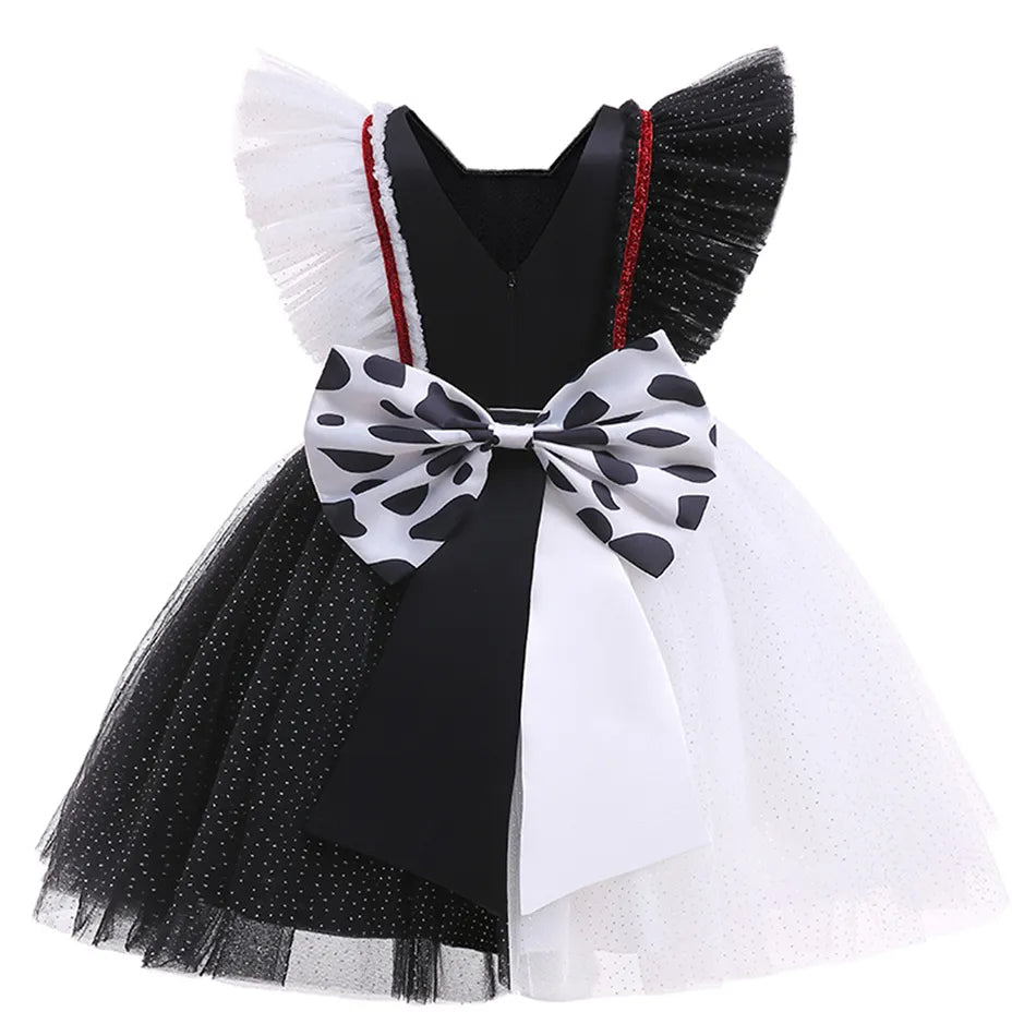 Halloween Movie Evil Cruella Girls Costume Kids Cosplay Cruella Masquerade Party Black White TuTu Dress Headwear Carnival Party